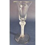 Antique bell shaped cordial glass with latticino stem work, broad foot and rough pontil mark, 15cm