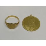 9ct signet ring, size N/O and a 9ct St Christopher pendant, 5.4g total (2)