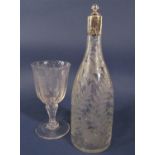 Late 19th century fern engraved bottle decanter with white metal collar and stopper, 30cm high,