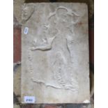 A marble tablet of rectangular form with carved detail, standing male figure carrying a goat or lamb