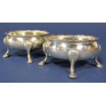 Good quality pair of Georgian oval silver table salts with wavy gadroon rims and scallop shell