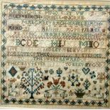 19th century needlework sampler with names Alexr Riach, Isabell Ingram, Margaret Rach (sic) and