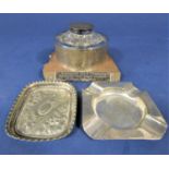 Silver topped novelty inkwell within an iron stand with plaque inscribed Staveley no.4 Furnace, re-