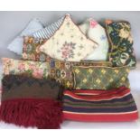 Mixed collection of textiles including a fringed throw by Mulberry 2.6x1.4m, 10 cushions with 5