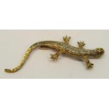 9ct bi-colour salamander brooch set with diamonds, 5.8cm approx, 4.6g