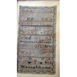 A 19th century needlework sampler by Hannah Rome, with alphabet, etc, 33.5 x 18.5cm approx in simple