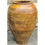 A terracotta jar, ochre/honey glazed with simple incised detail, 53cm high