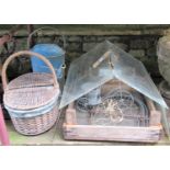 A vintage glass cloche, galvanised three gallon watering can with later painted finish, shallow