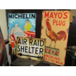 Three vintage style hand painted on board signs of varying size, Michelin, Mayo's Plug and Air