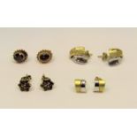 Four pairs of 9ct stud earrings; two garnet pairs and two bi-colour pairs, 4.8g total (6)