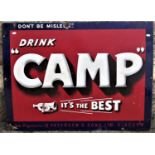 An old enamel advertising sign of rectangular form, with lettering Don't Be Misled, Drink Camp Its