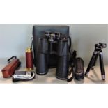 A mixed lot to include a large pair of field binoculars by ANU, 26cm high, together with a further