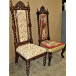 Two examples of Victorian side chairs in rosewood, one with original handworked tapestry detail