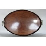 A large flame mahogany oval twin handled gallery tray, 77 x 53cm