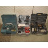 Three cased power tools comprising a Panasonic battery and mains rechargeable rotary hammer drill,