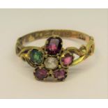 Victorian 12ct harlequin cluster ring set with garnets and amethyst, Birmingham 1861, size M, 1.4g