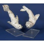A pair of studio pottery models of diving seals, with mottled raku type glaze (one fin possibly