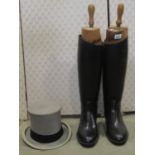 A pair of Aigle black riding boots with Tom Hill wooden trees together with a Scots grey top hat