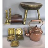 A mixed lot comprising a bombe sarcophagus mahogany caddy, together with a further copper kettle,