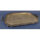 A good large silver plate twin handled gallery tray, engraved with shaped floral panels with