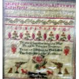 A 19th century needlework sampler by Elizabeth Shinfield aged 8 years, incorporating religious text,