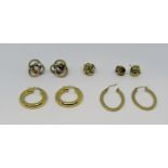 Collection of 9ct earrings; two pairs of hoops and a pair of tri-colour knot studs, plus three