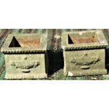 A pair of small reclaimed square cut garden urns, with classical repeating fluted and egg and dart