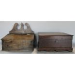 Two country oak boxes to include a coffer type rectangular box, 38cm wide and a further sloped top