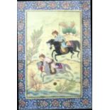 Indian Moghul type miniature painted of a polo match, gouache on ivory? panel, within a decorative