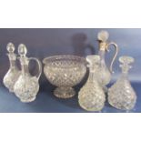 A collection of cut glassware to include a good quality baluster ewer, with silver plated handle and