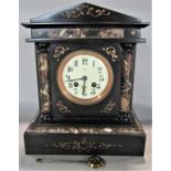 Victorian black slate and specimen architectural mantel clock with twin train movement, 31cm high,