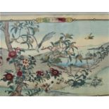 An oriental coloured print of a lake scene with flowering plants, birds, etc, 23.5 x 31 cm, framed
