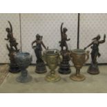 Four small spelter (to simulate bronze) figures, two in the form of art nouveau maidens, together