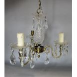 A three branch cut glass hanging ceiling light, together with a further glass drop ceiling light (2)