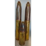 A pair of brass artillery shells/trench art, one inscribed 2 PR FS V Ltd, the others are blank,