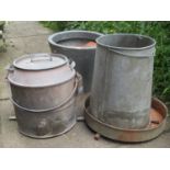 A galvanised steel feeder and two further galvanised vessels of varying design, two vintage, one