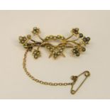 Antique yellow metal seed pearl brooch in the form of a heart with trailing ivy, 4.1cm W approx, 4.