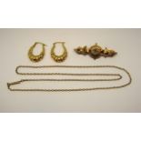 Group of 9ct jewellery comprising a pair of creole earrings, diamond set brooch and a chain necklace