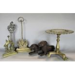 Mixed collection of metal ware to include two brass door porters, one decorated with a galleon,