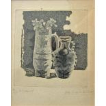 Vives? (20th century school), still life with of a jug and a vase, black and white etching,