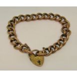 9ct curb link bracelet with textured links and engraved heart padlock clasp, 13.1g