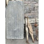 An old wooden and lead clad dairy draining board with canted end, 126cm long x 58cm wide, a steel