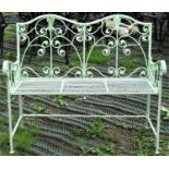 A contemporary light steel green painted two seat garden bench with folding framework, slatted seat,