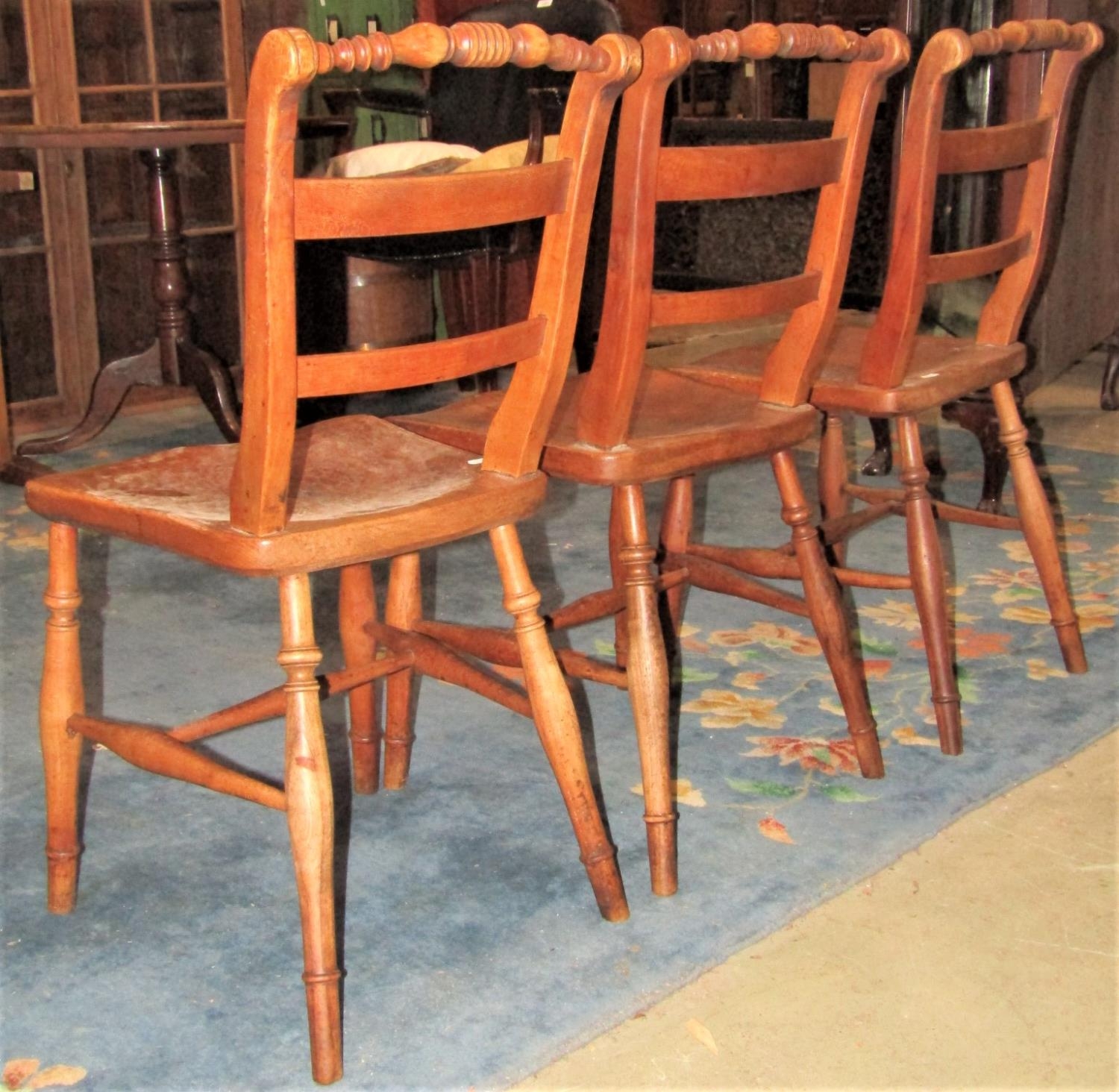 A set of three 19th century Windsor moulded bar back kitchen chairs with turned top rails, - Image 5 of 5