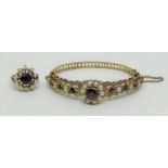 Vintage 9ct hinged bangle set with graduated garnets and pearls, together with a matched cluster