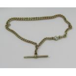 9ct Albert chain with T-bar, stamped '375', maker 'J.M', 31.4g