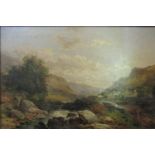 Attributed to Joseph Horlor (British 1809-1887) mountainous river landscape with cottages and