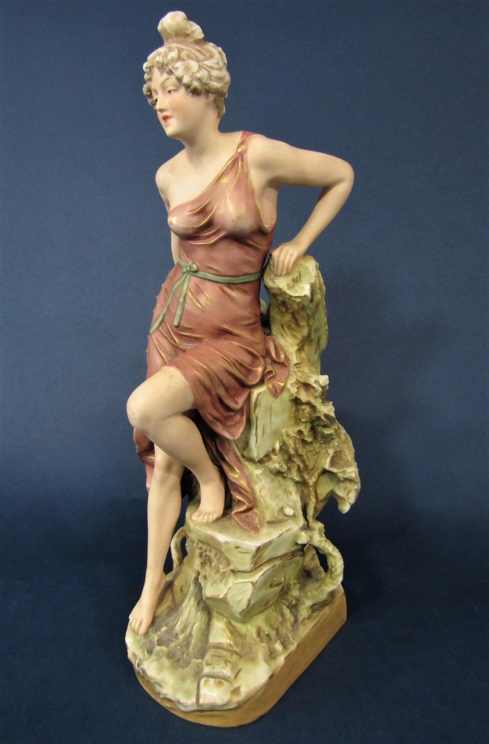 Early 20th century Royal Dux figure of a classical style female character perched on a rock, with - Bild 2 aus 2