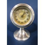 Good quality art deco period silver desk clock of atomic form, the globular case work fitted with