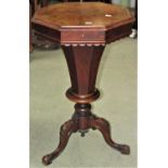 A Victorian walnut and figured walnut veneered trumpet shaped sewing/work box, the octagonal